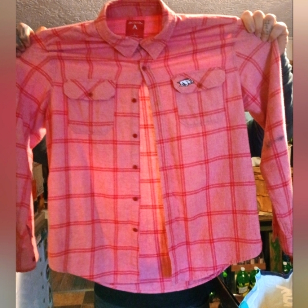 Antigua Plaid Shirt W/ Razorback Logo Size Large
